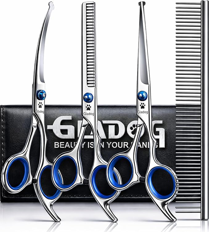 GLADOG grooming set arranged with three scissors with blue finger-ring inserts, a metal comb and black storage case
