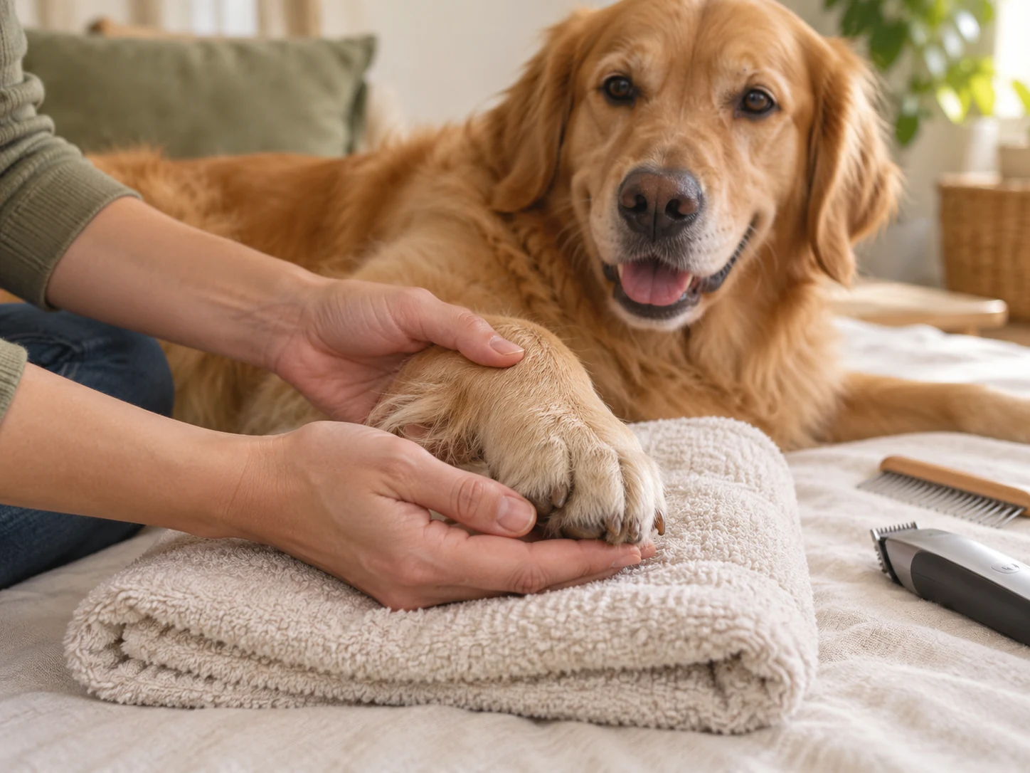 AI-created close view of a dog's resting paw supported during gentle exterior observation, with an unused trimmer aside.