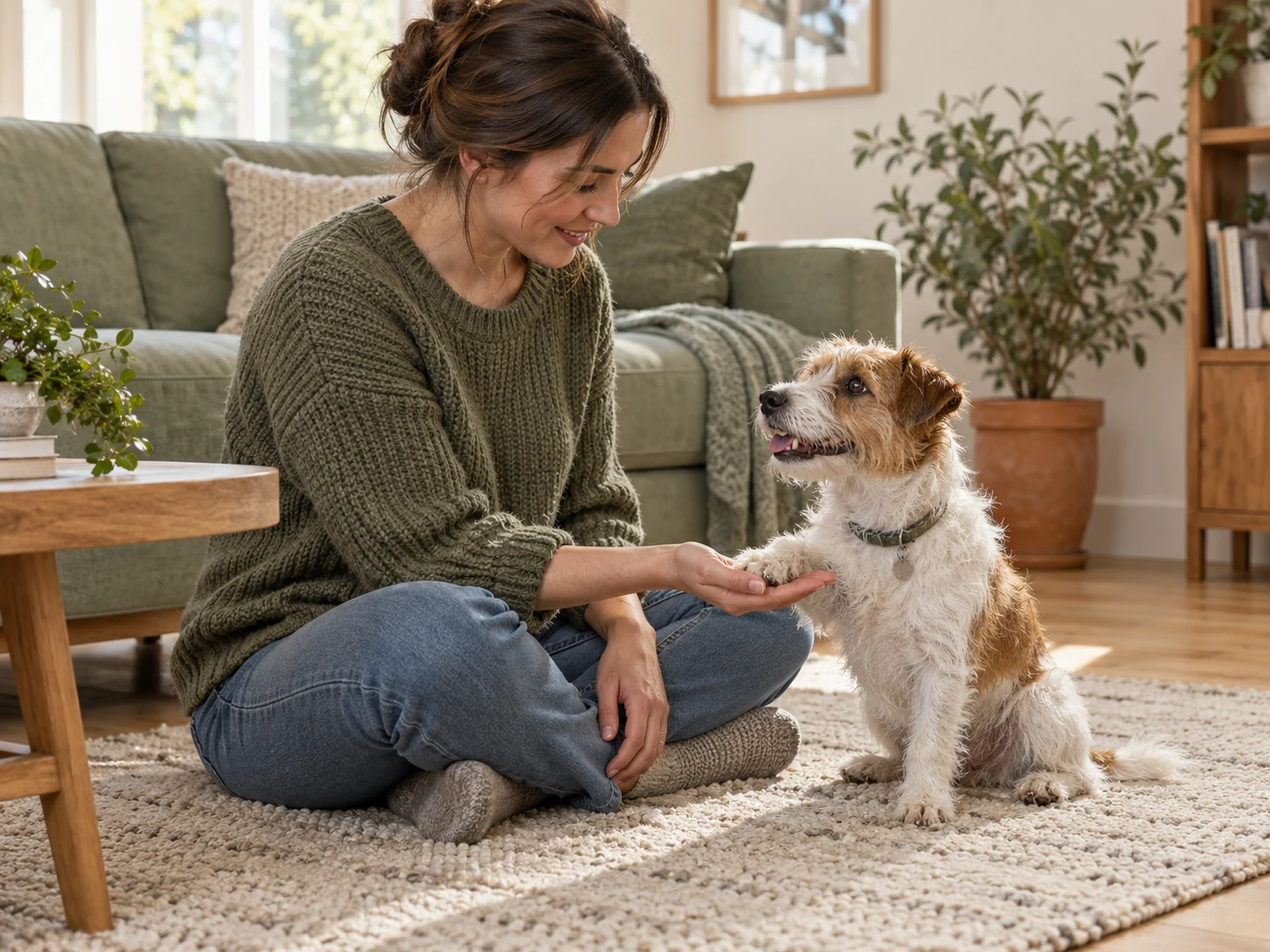 AI-created scene of a terrier voluntarily resting a forepaw in an owner's open palm before grooming.