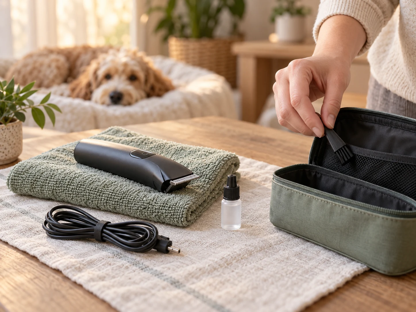 AI-created scene of a switched-off detail trimmer, unplugged cable and care tools being organized on a dry towel.