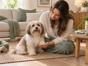 AI-created scene for choosing the best dog paw trimmer, with a relaxed dog, a supported paw and an unused tool.