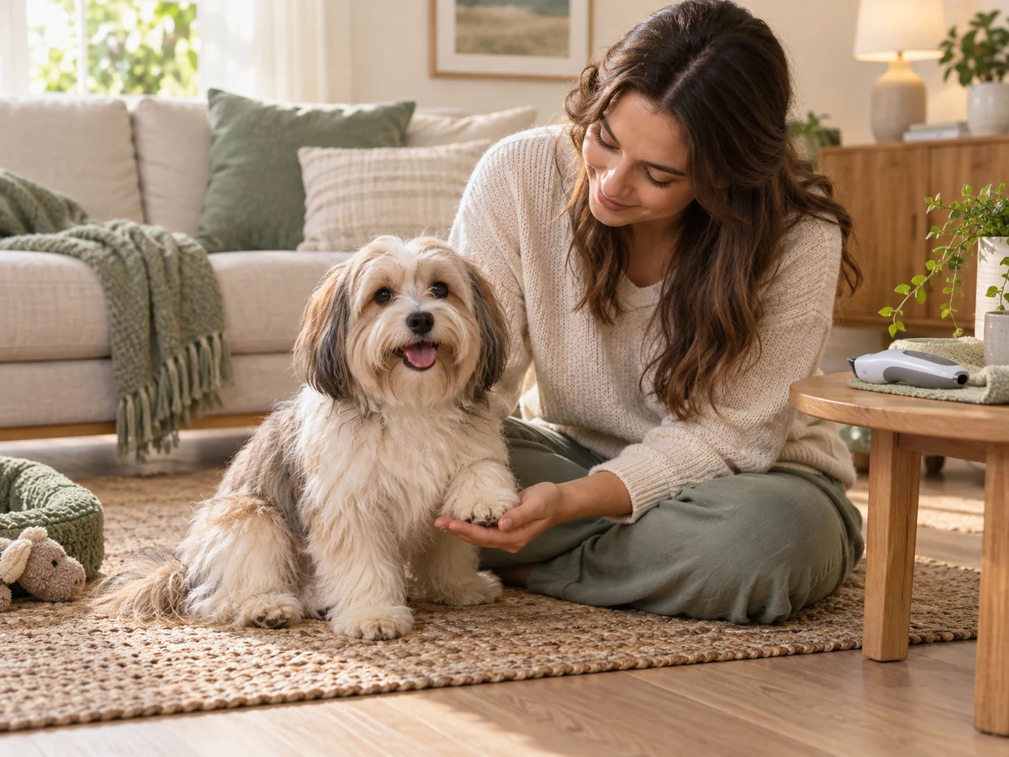 AI-created scene for choosing the best dog paw trimmer, with a relaxed dog, a supported paw and an unused tool.
