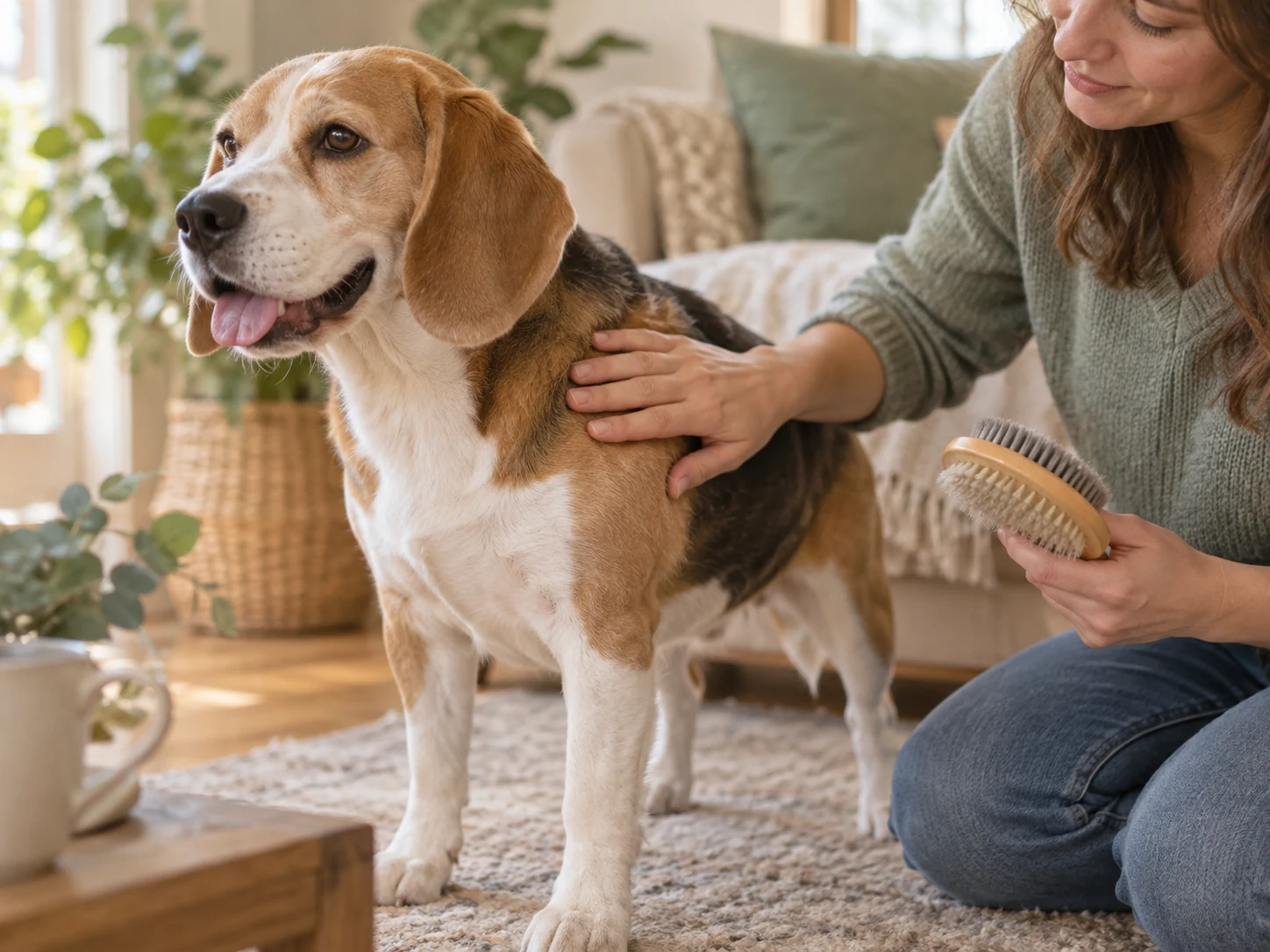 AI-created close view of checking a short-haired dog's shoulder coat before brushing.
