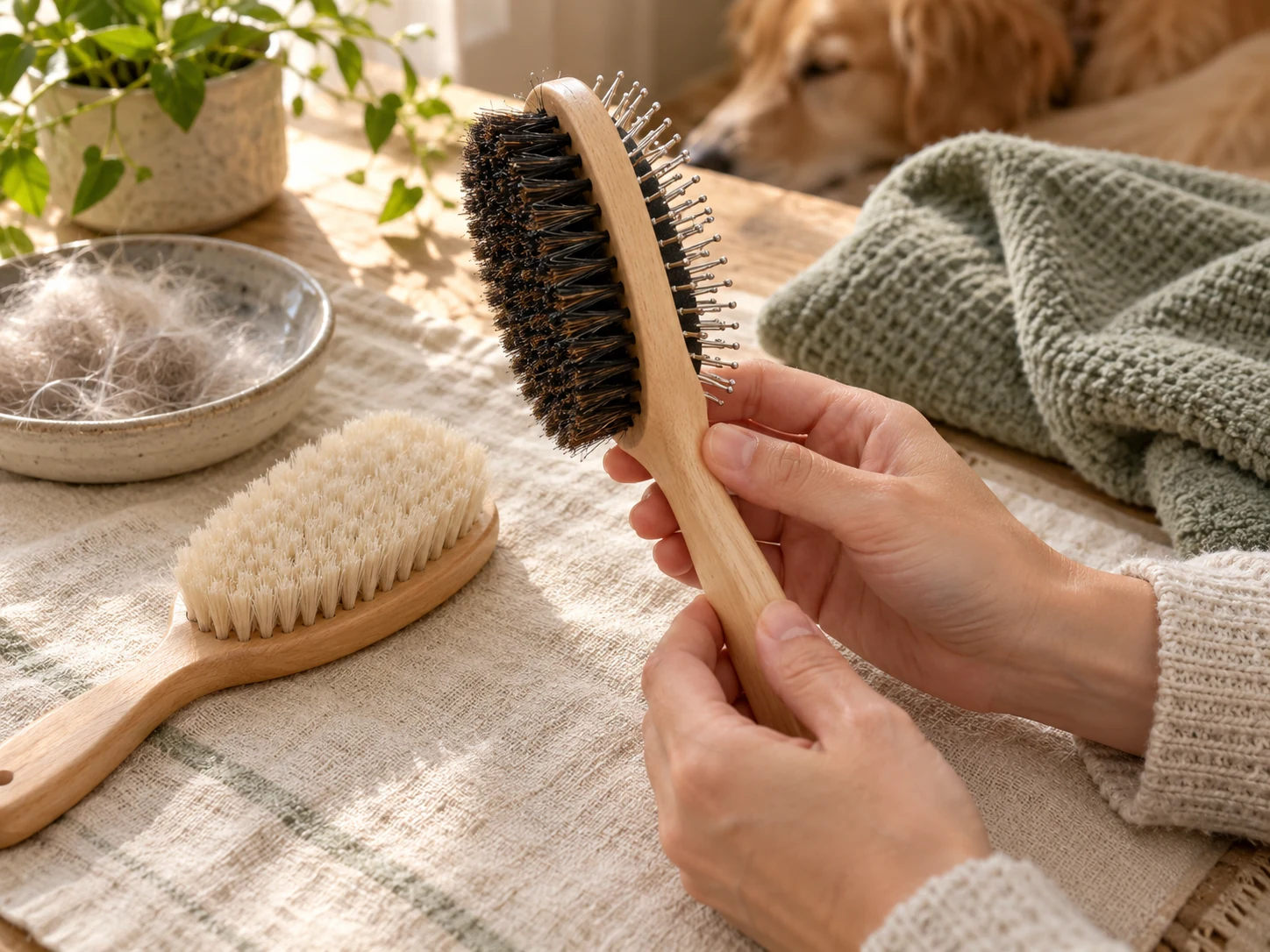 AI-created still life comparing soft bristles and a generic dual brush's metal-pin surface.
