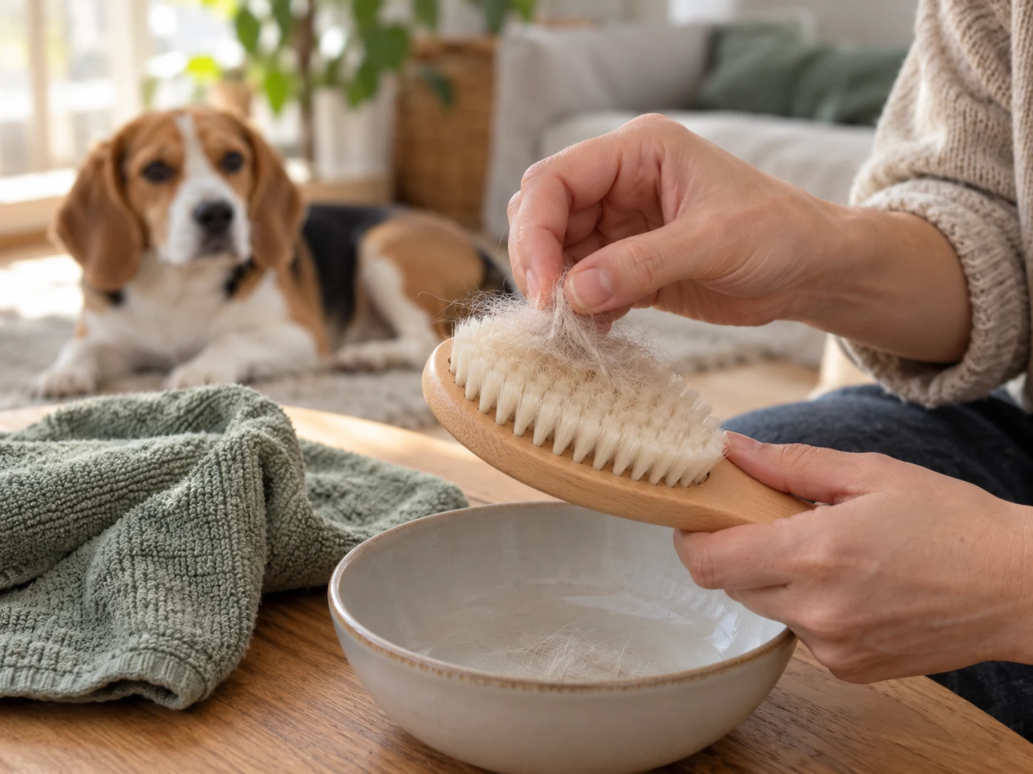 AI-created scene of removing loose fur from a soft-bristle dog brush for short hair after a brief session.