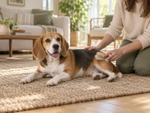 AI-created scene of a relaxed short-haired dog beside an owner holding a soft bristle brush.
