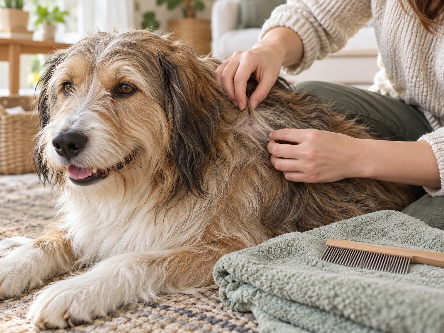 AI-created scene of gently parting a fluffy dog's shoulder coat before selecting a grooming tool.