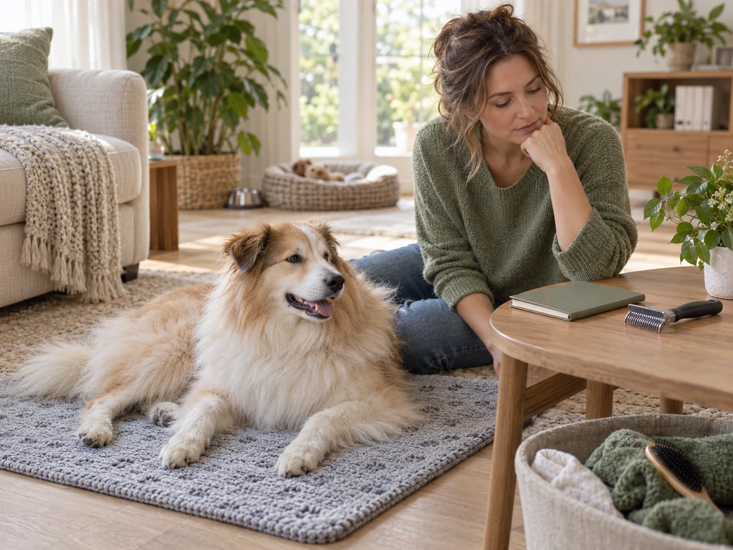AI-created scene of an owner pausing beside a fluffy dog with the grooming rake set aside.