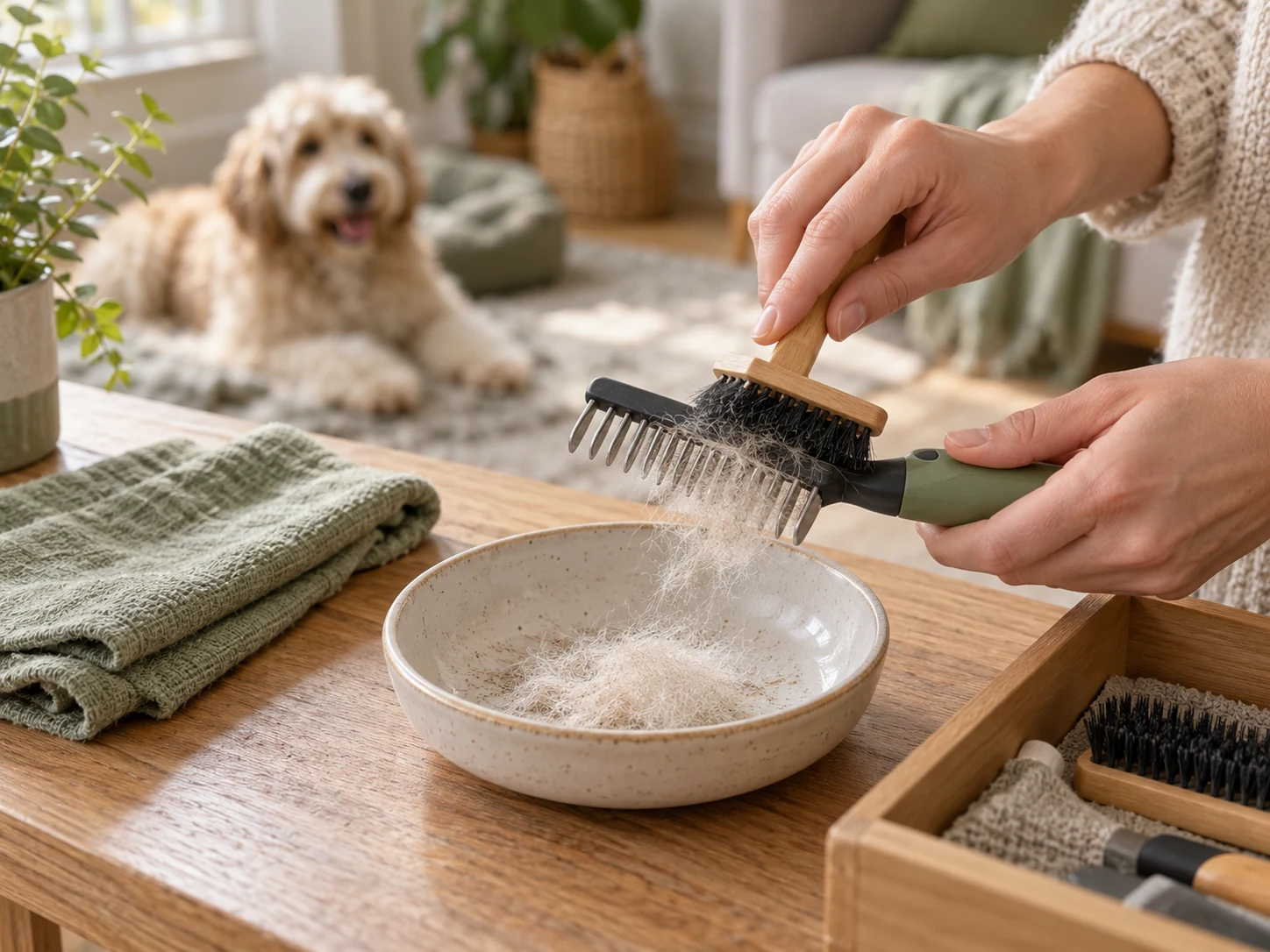 AI-created scene of clearing loose hair from a generic grooming rake before dry storage.