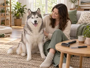 AI-created scene of a fluffy dog and owner with a double coat dog brush and comb resting unused nearby.