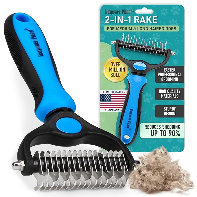 Blue and black Maxpower Planet two-in-one rake with its retail packaging and a marketing illustration of collected hair