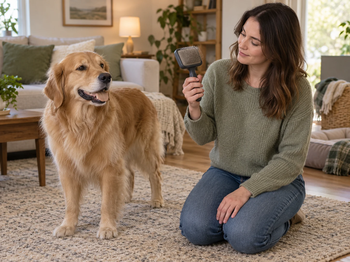 AI-created scene of pausing brushing with the slicker lifted away while observing a relaxed dog.