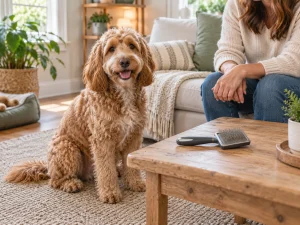 AI-created planning scene with a curly-coated dog, owner and a slicker brush for dogs resting unused.