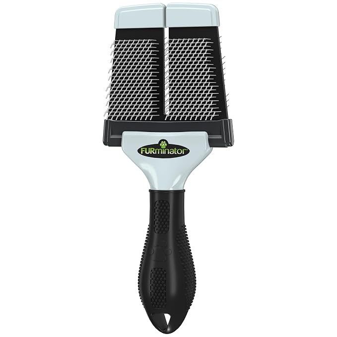 FURminator large slicker brush with gray and black handle and a split flexible pin head, shown in the selected Amazon listing
