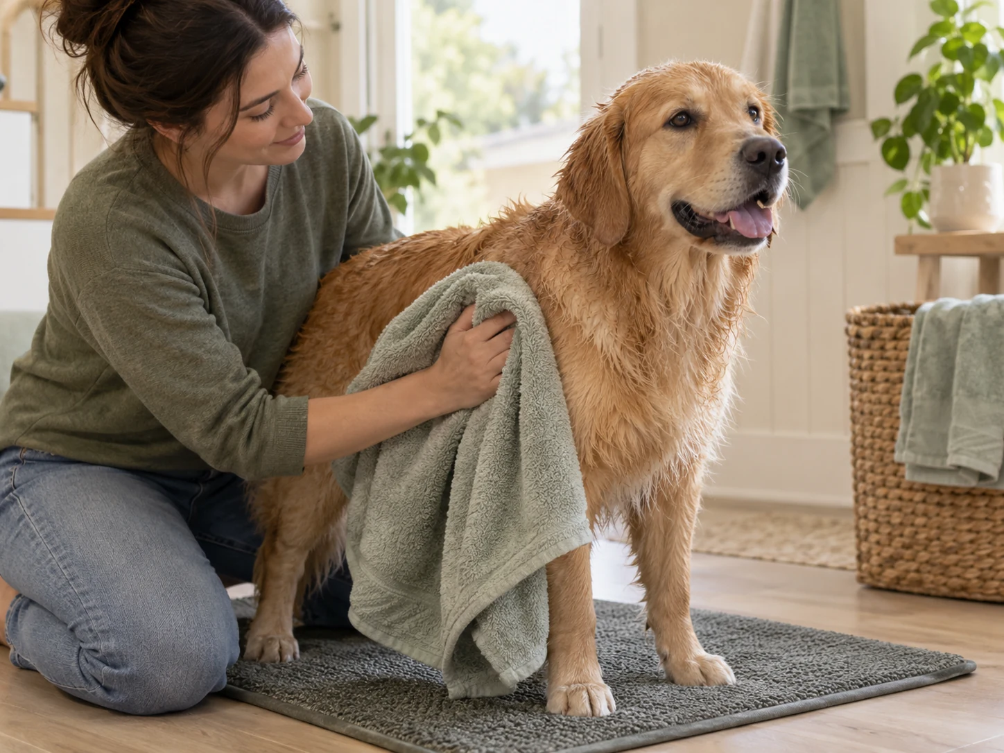 AI-created scene of gently pressing a towel against a dog's side coat on a stable mat.