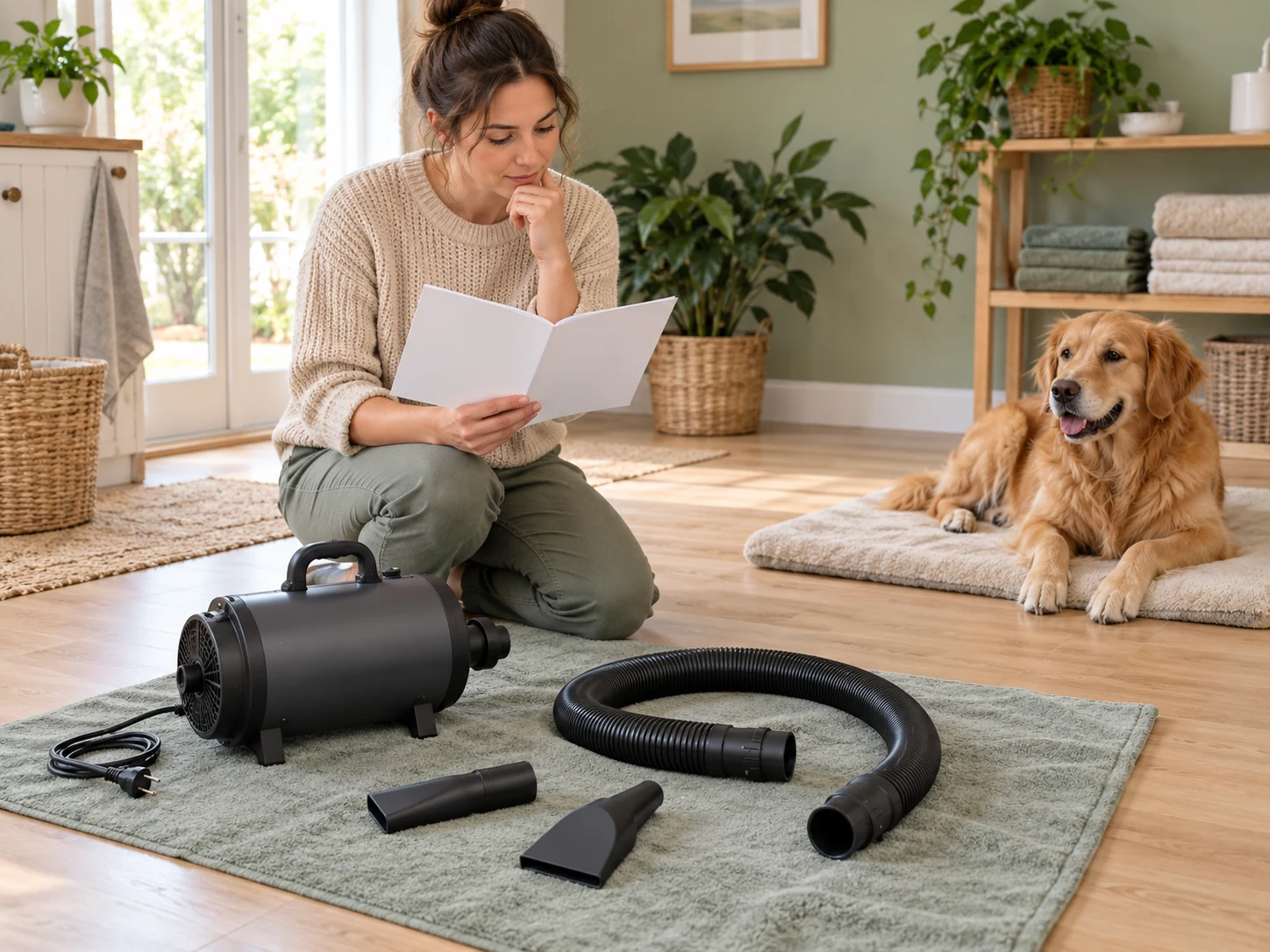 AI-created scene of reviewing instructions and a clear dry hose route beside unused pet-drying equipment.