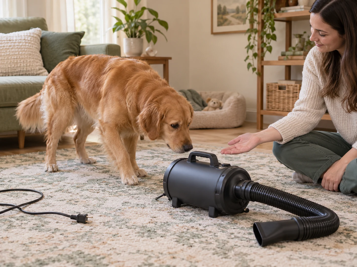 AI-created scene of a dog voluntarily approaching switched-off drying equipment with its nozzle directed away.
