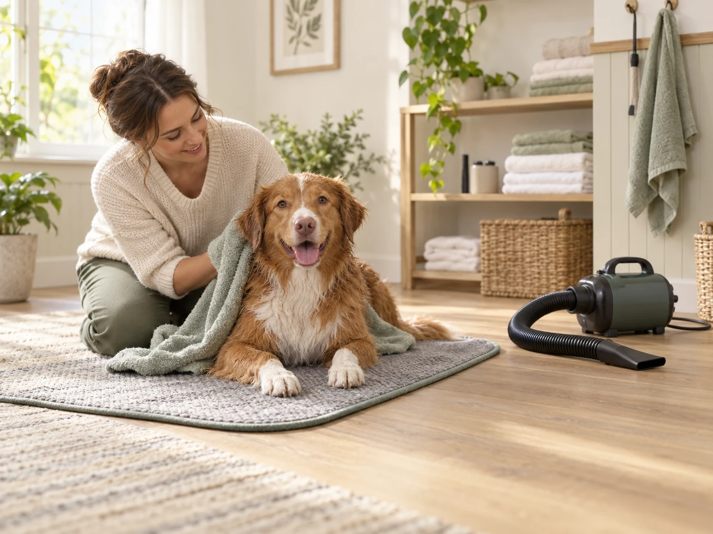 AI-created planning scene with a towel-dried dog, owner and an unused generic dog blow dryer.