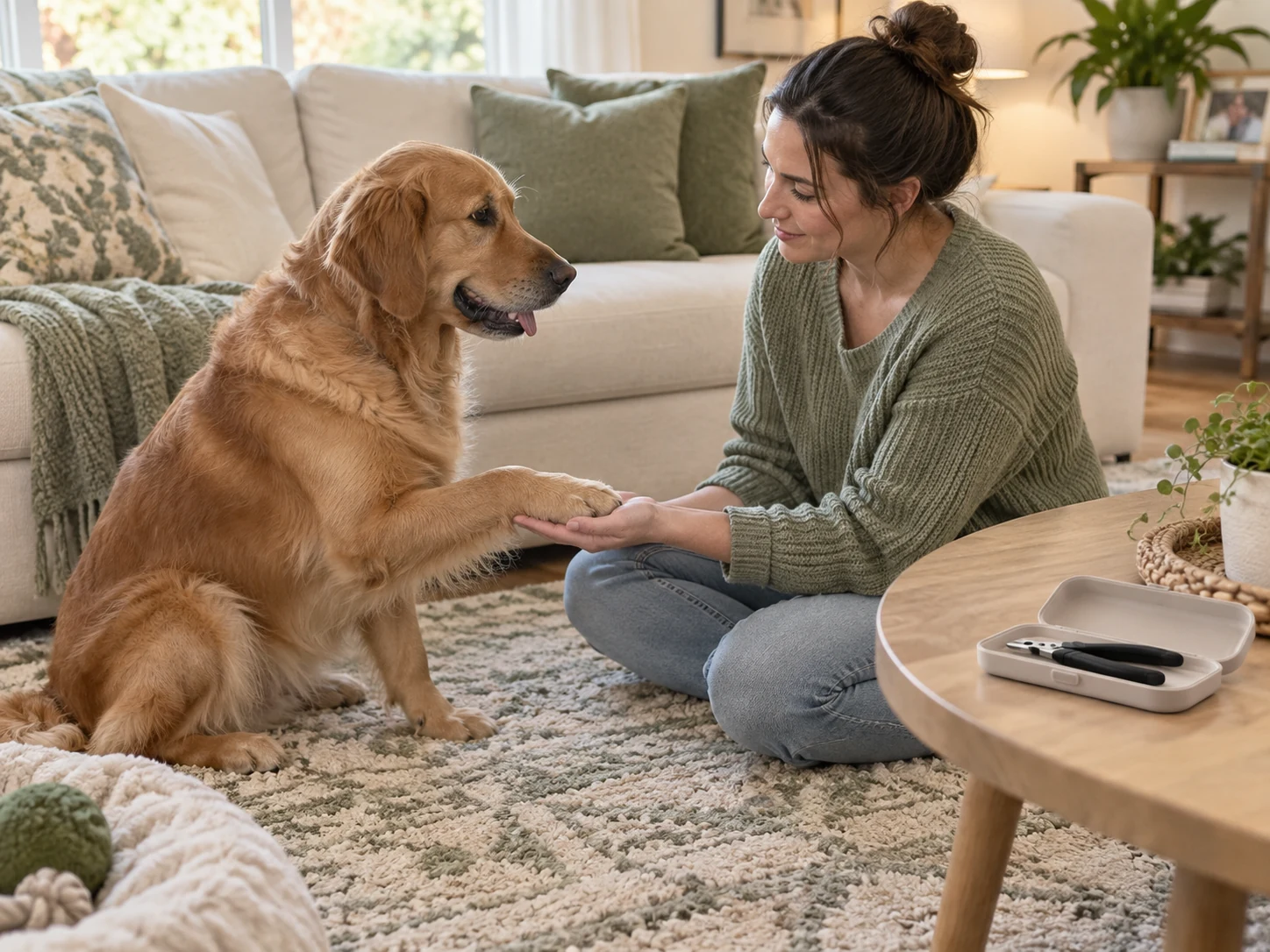 AI-created scene of brief voluntary paw-handling practice while nail tools remain away.