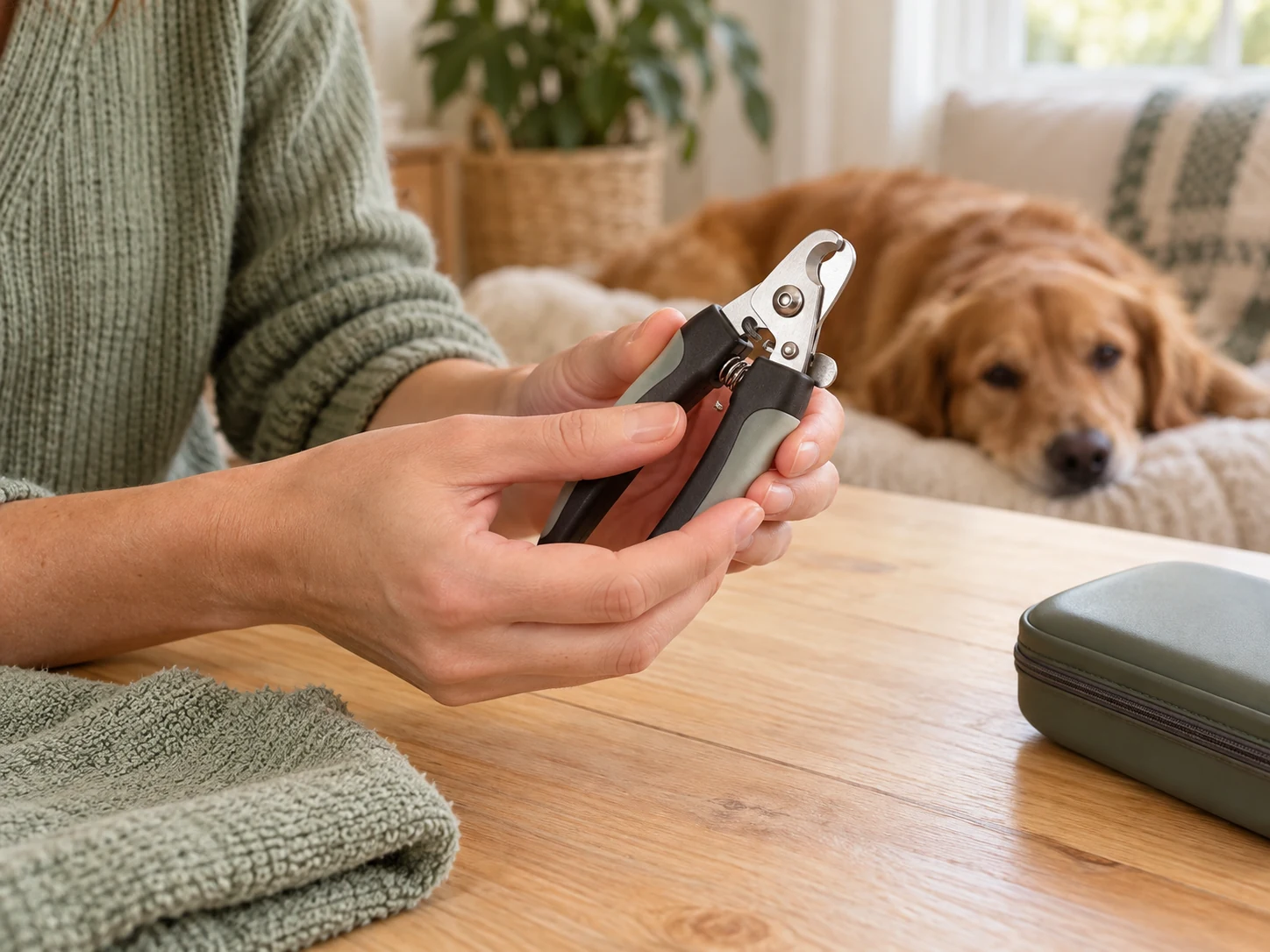 AI-created scene of inspecting a manual nail clipper away from the dog.