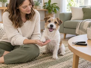 AI-created planning scene with a relaxed dog, gently supported paw and dog nail clippers set aside.