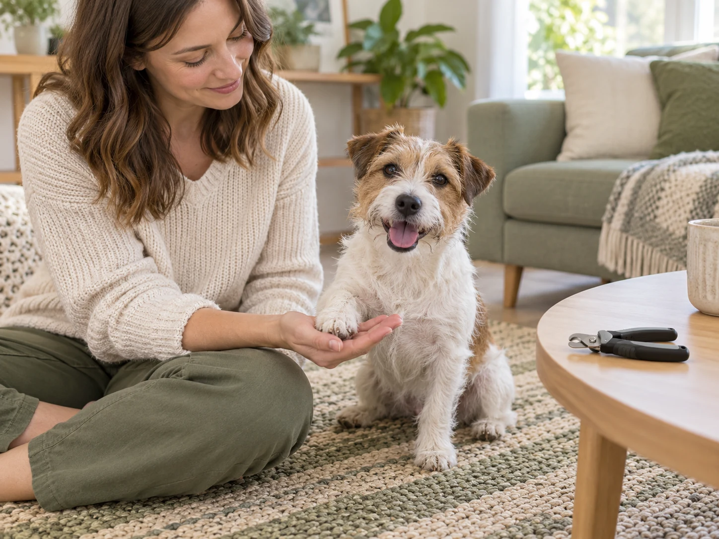 AI-created planning scene with a relaxed dog, gently supported paw and dog nail clippers set aside.