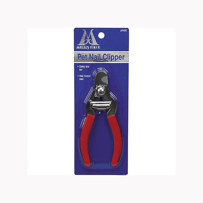 Millers Forge Pet Nail Clipper retail package marked 743C, showing the red-handled manual clipper and safety stop bar