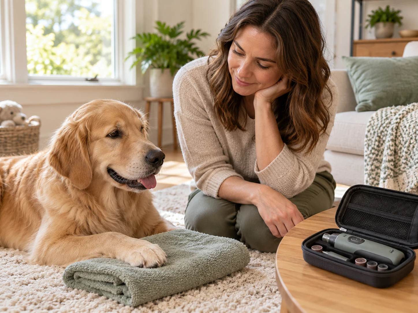 AI-created scene of observing a dog's paw while a switched-off grinder remains separate.