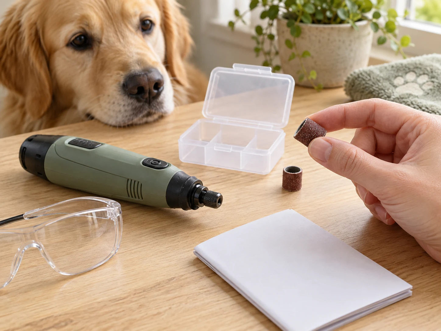 AI-created close view of checking a clean cylindrical sanding band beside a switched-off rotary grooming tool.