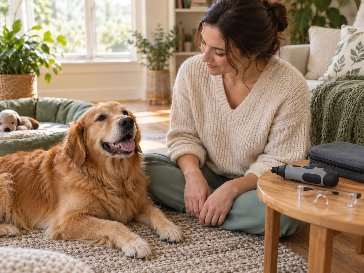 AI-created scene of a dog taking a break while the nail grinder is switched off and set aside.