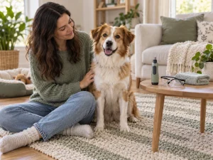 AI-created planning scene with a relaxed dog and a switched-off dog nail grinder beside protective glasses.