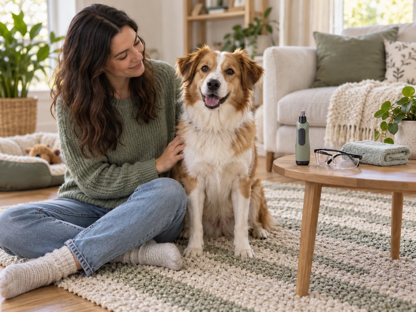 AI-created planning scene with a relaxed dog and a switched-off dog nail grinder beside protective glasses.