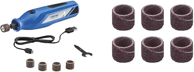 Selected Amazon bundle main image showing the blue Dremel 7350-PET tool, USB cable, wrench and bands alongside a separate six-pack of sanding bands