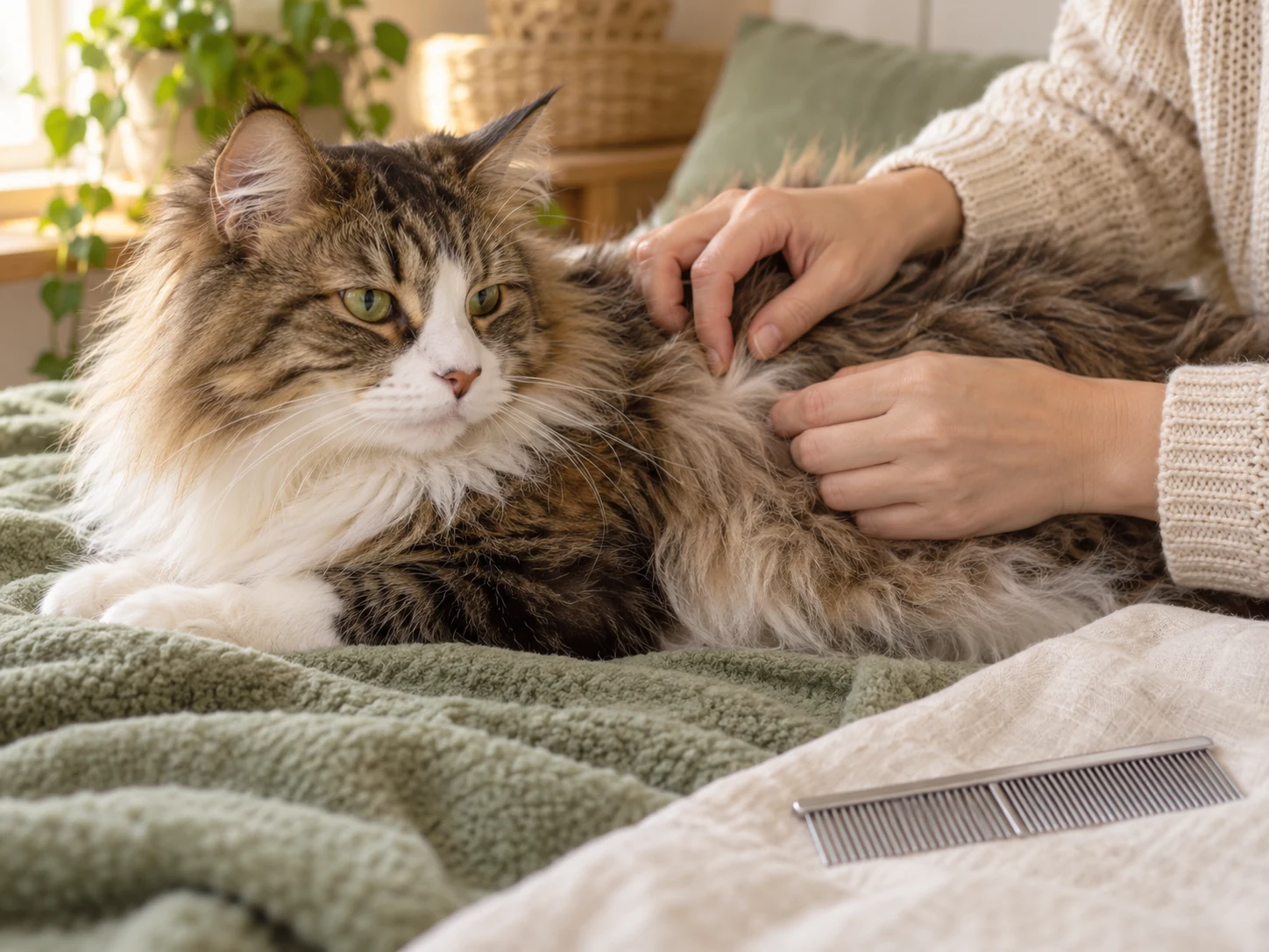 AI-created scene of gently observing a cat's shoulder coat while a comb remains set aside.