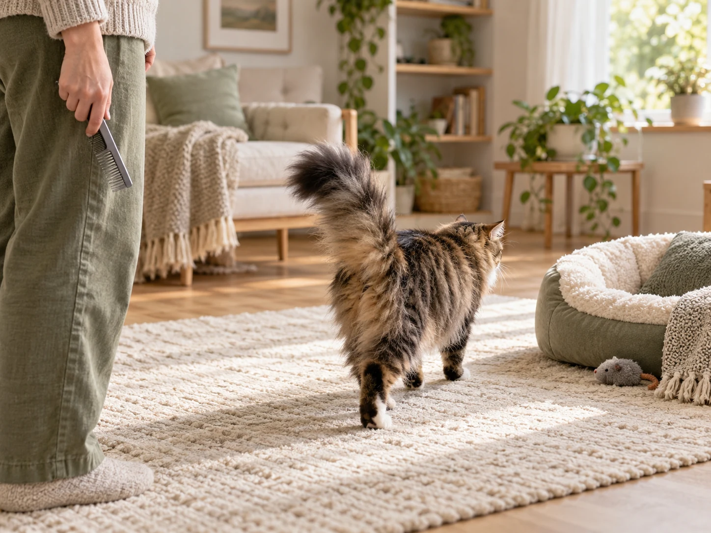 AI-created scene of pausing a grooming session as a tabby moves freely away from the owner and comb.