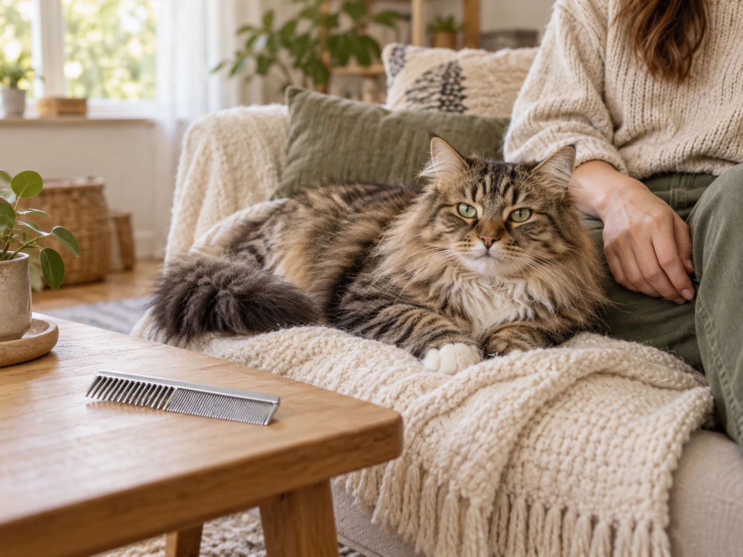 AI-created planning scene with a long-haired tabby and an unused coarse-and-fine cat comb.