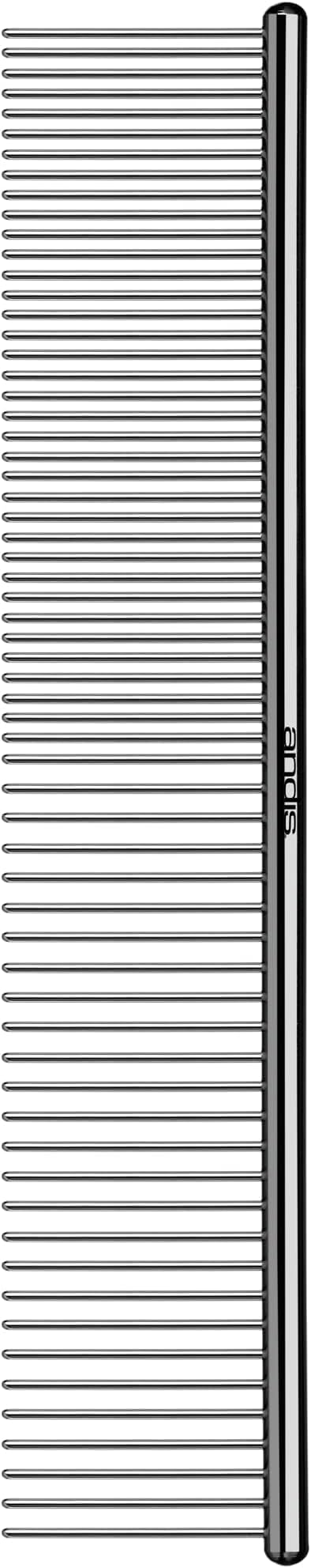 Andis silver metal comb shown vertically with the brand on its straight spine and two visible tooth spacings