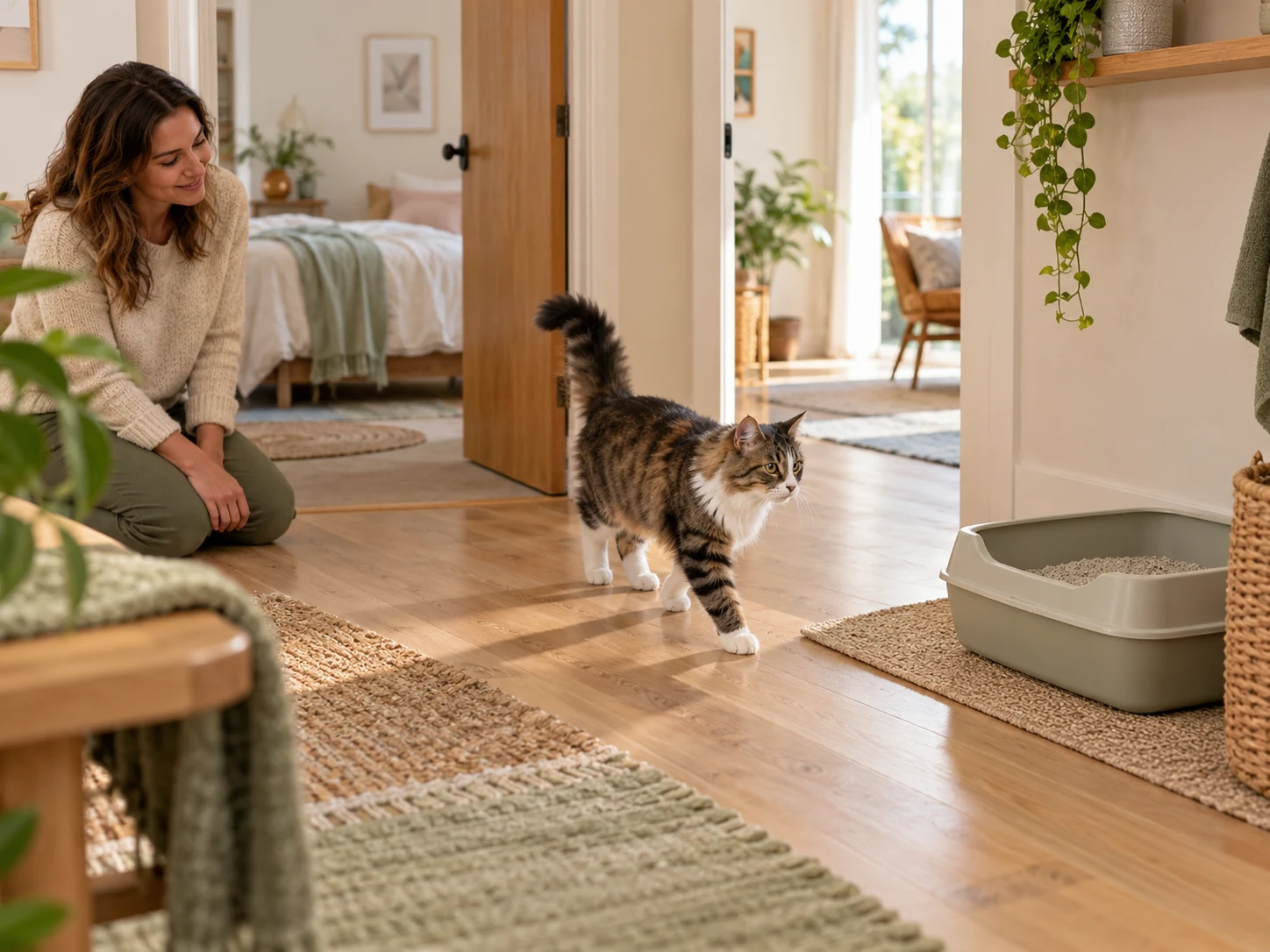 AI-created scene of a cat approaching a litter tray along an uncluttered route while its owner observes.