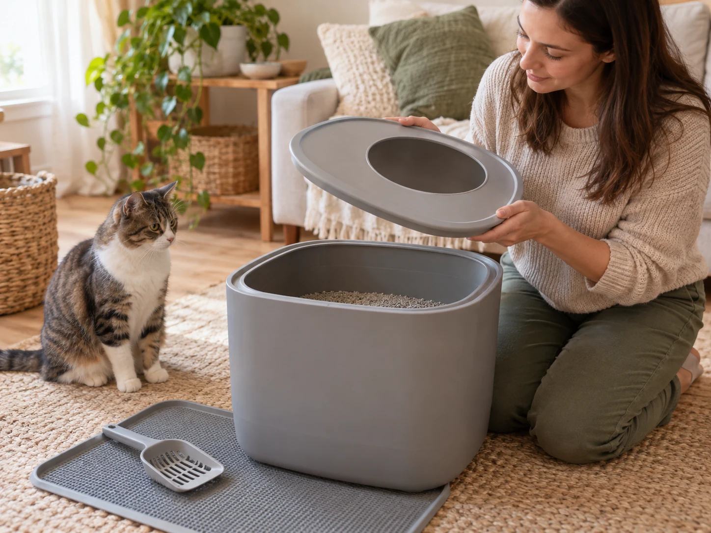 AI-created inspection of a generic top-entry container's removable lid and interior while a cat waits nearby.