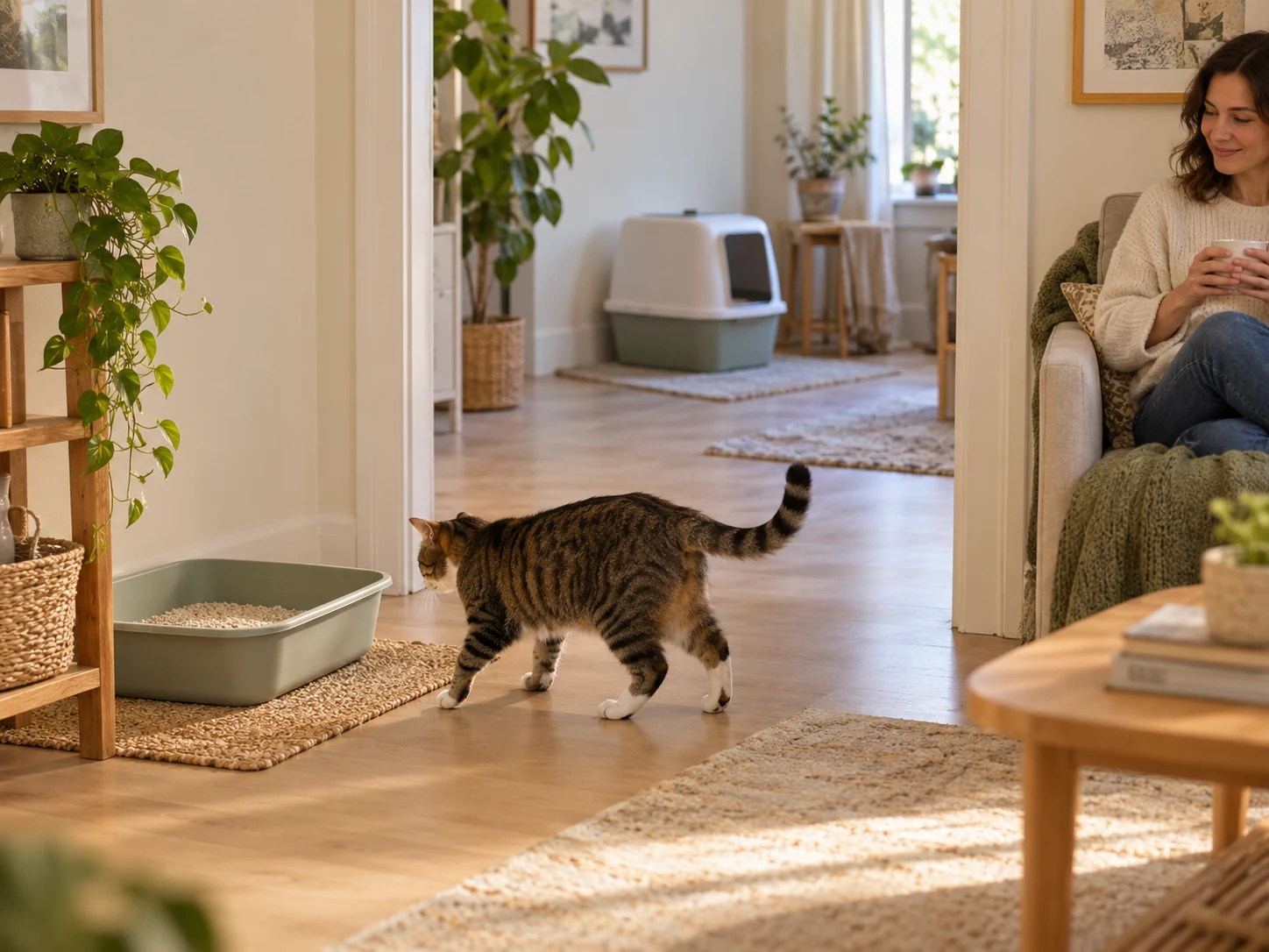 AI-created scene of a cat choosing a familiar open tray while an alternative box remains in another accessible area.