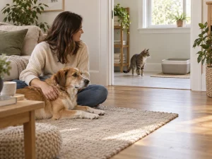 AI-created mixed-pet home scene with a cat's clear litter-box route and a dog resting beside its owner.