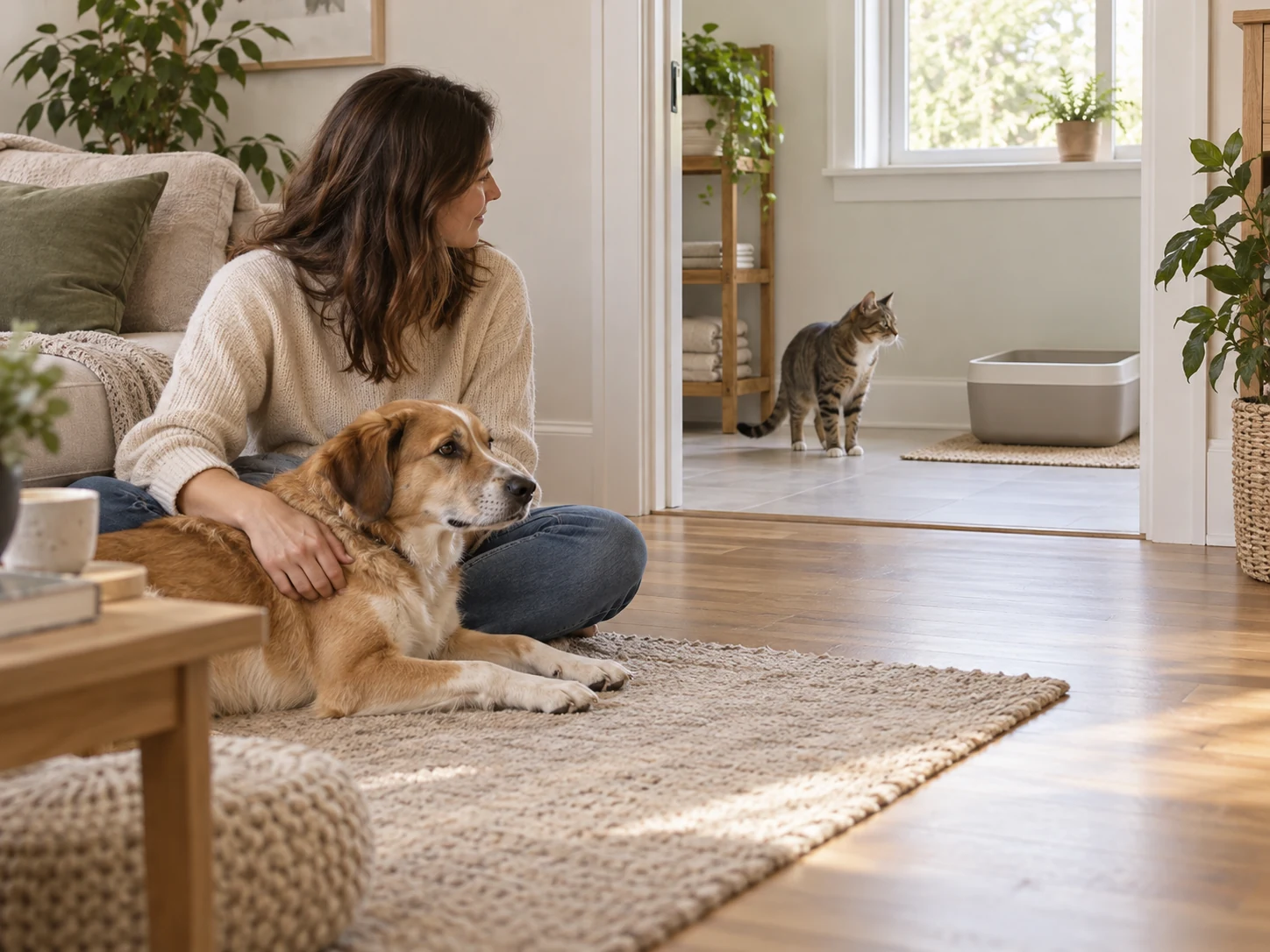 AI-created mixed-pet home scene with a cat's clear litter-box route and a dog resting beside its owner.
