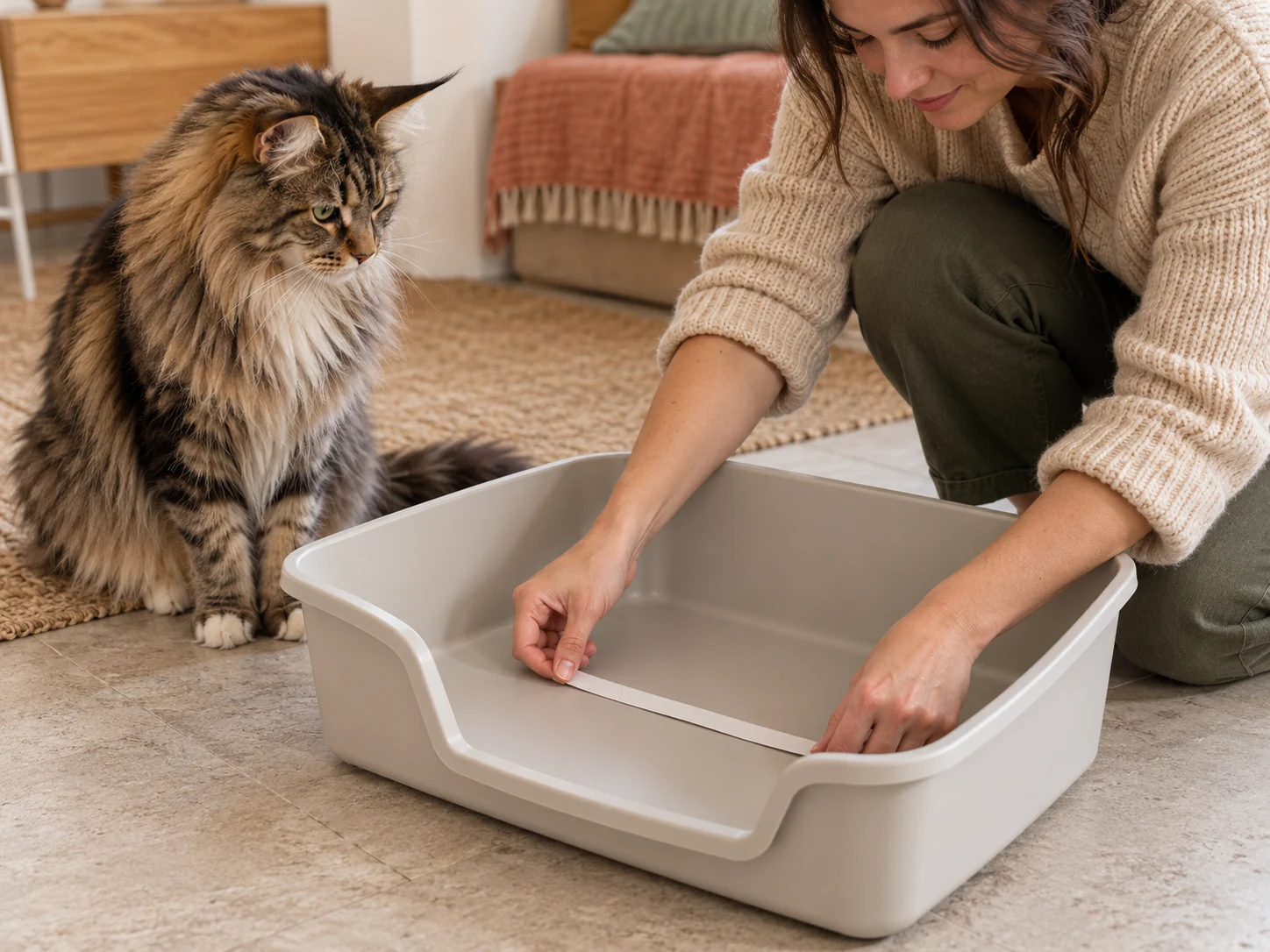 AI-created inspection of a tray's interior floor while a Maine Coon waits beside it.
