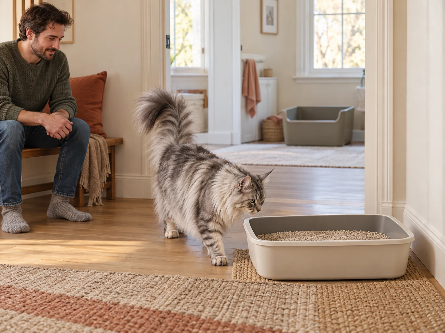 AI-created scene of a Maine Coon freely approaching a familiar tray during a gradual box trial.