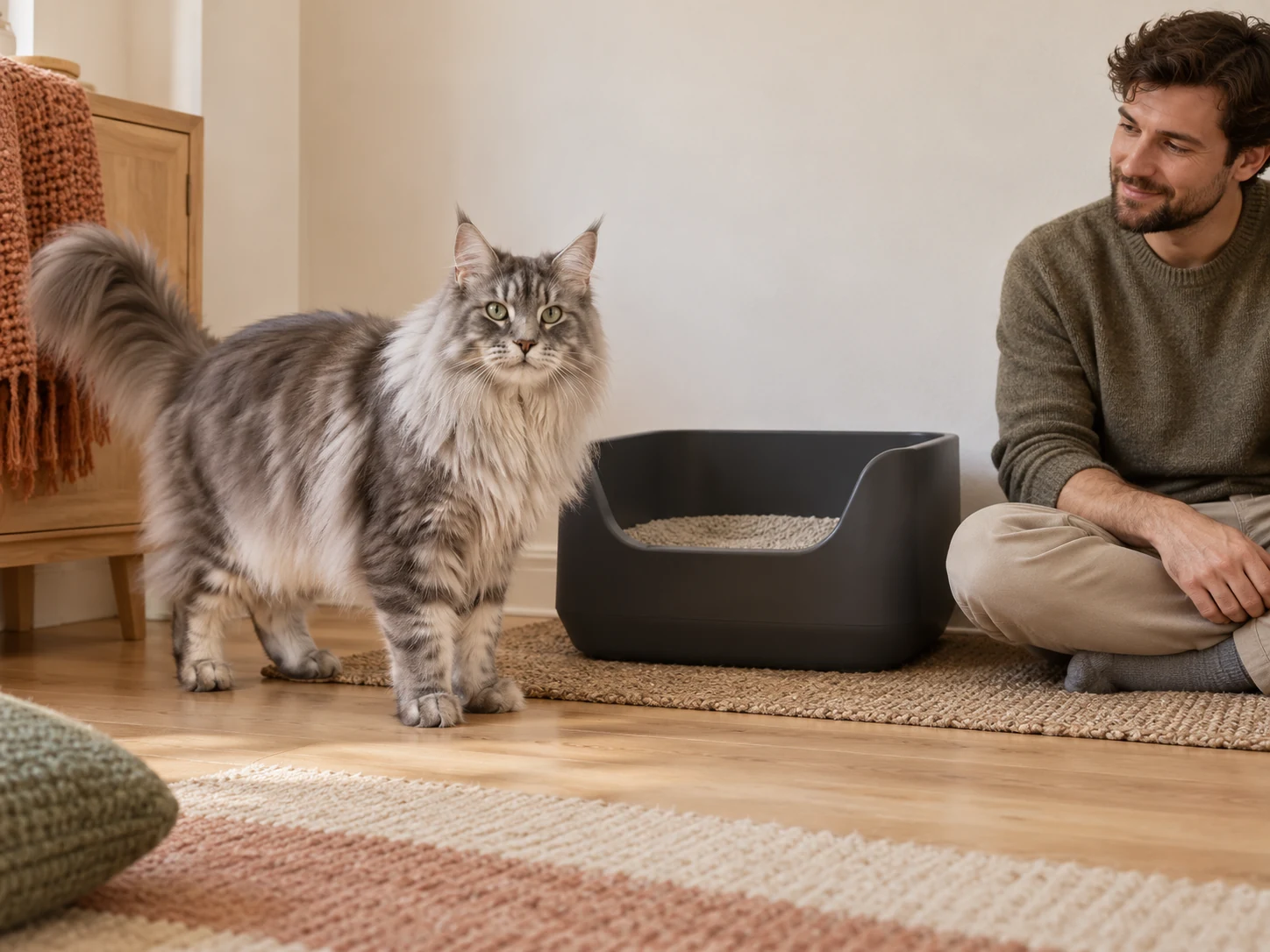 AI-created Maine Coon beside an open litter tray in a home fit-planning scene.