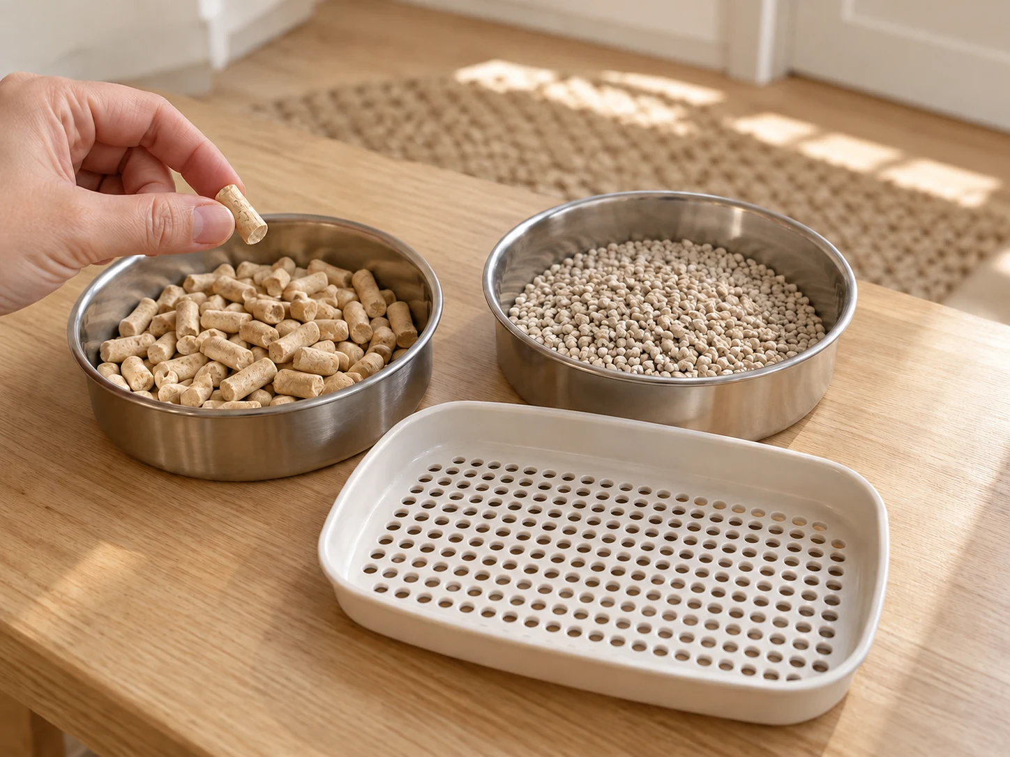 AI-created close view of clean pine pellets, small clay granules and a separate perforated insert.