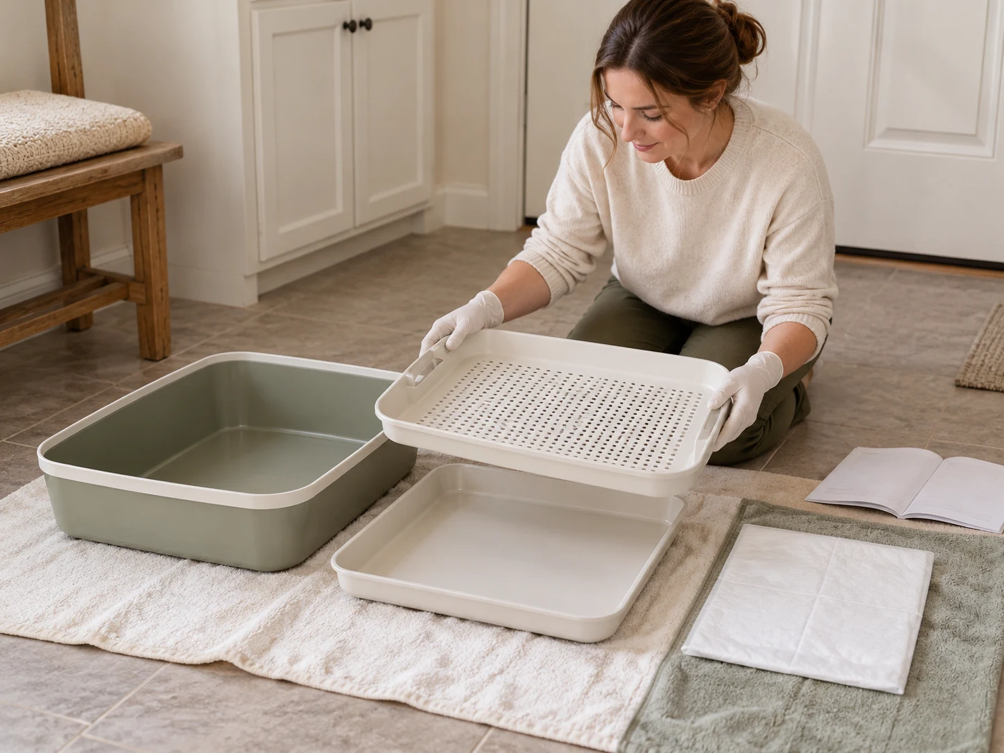 AI-created inspection of clean generic perforated and collection trays with an unused absorbent pad.