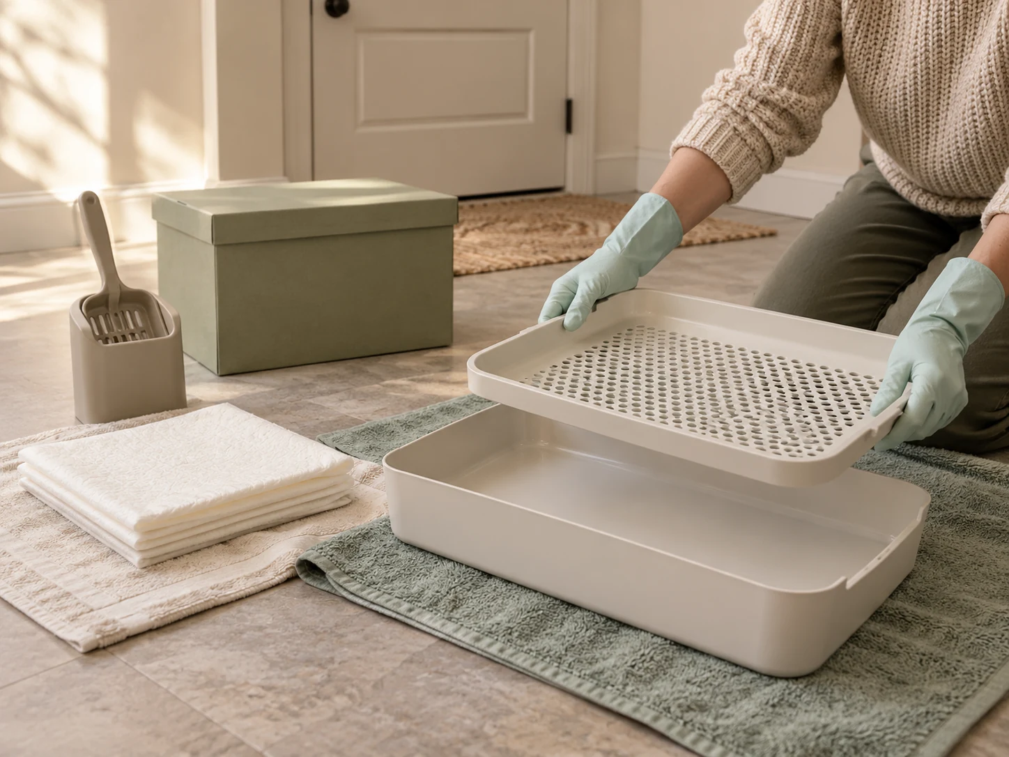 AI-created scene preparing clean pads, a scoop and generic tray components in a separate utility area.