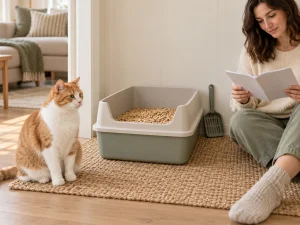 AI-created scene with a cat, clean pine-pellet litter and a generic sifting litter box for setup planning.