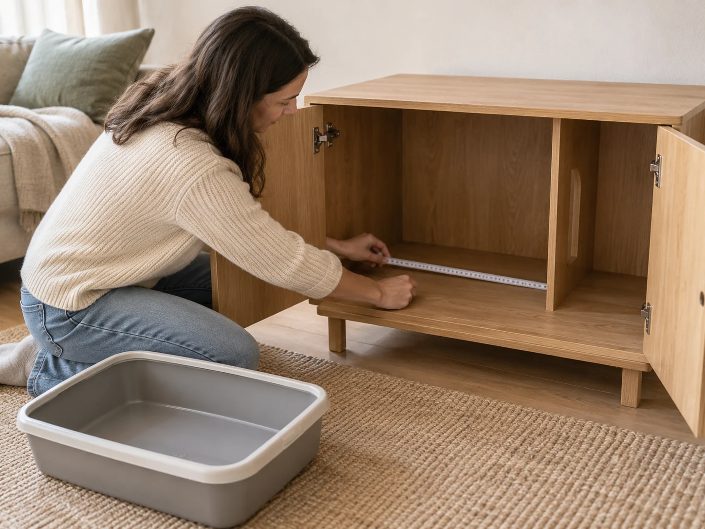 AI-created inspection of a cabinet's internal compartment, hinges and a separate tray rim.
